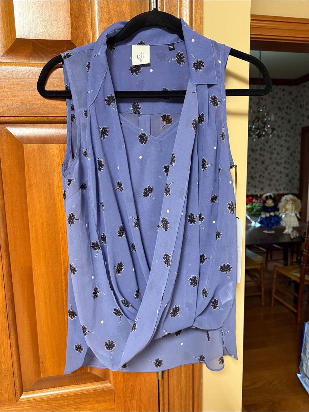 CAbi Lavender Draped V-Neck Sleeveless Blouse with Black Floral Print